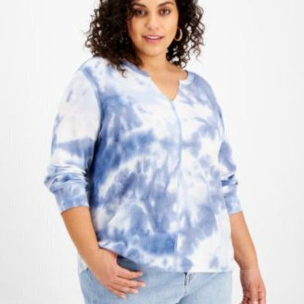 Women's 3X Tie Dye Waffle Knit Plus Size Blue White Long Sleeve Top  NWT